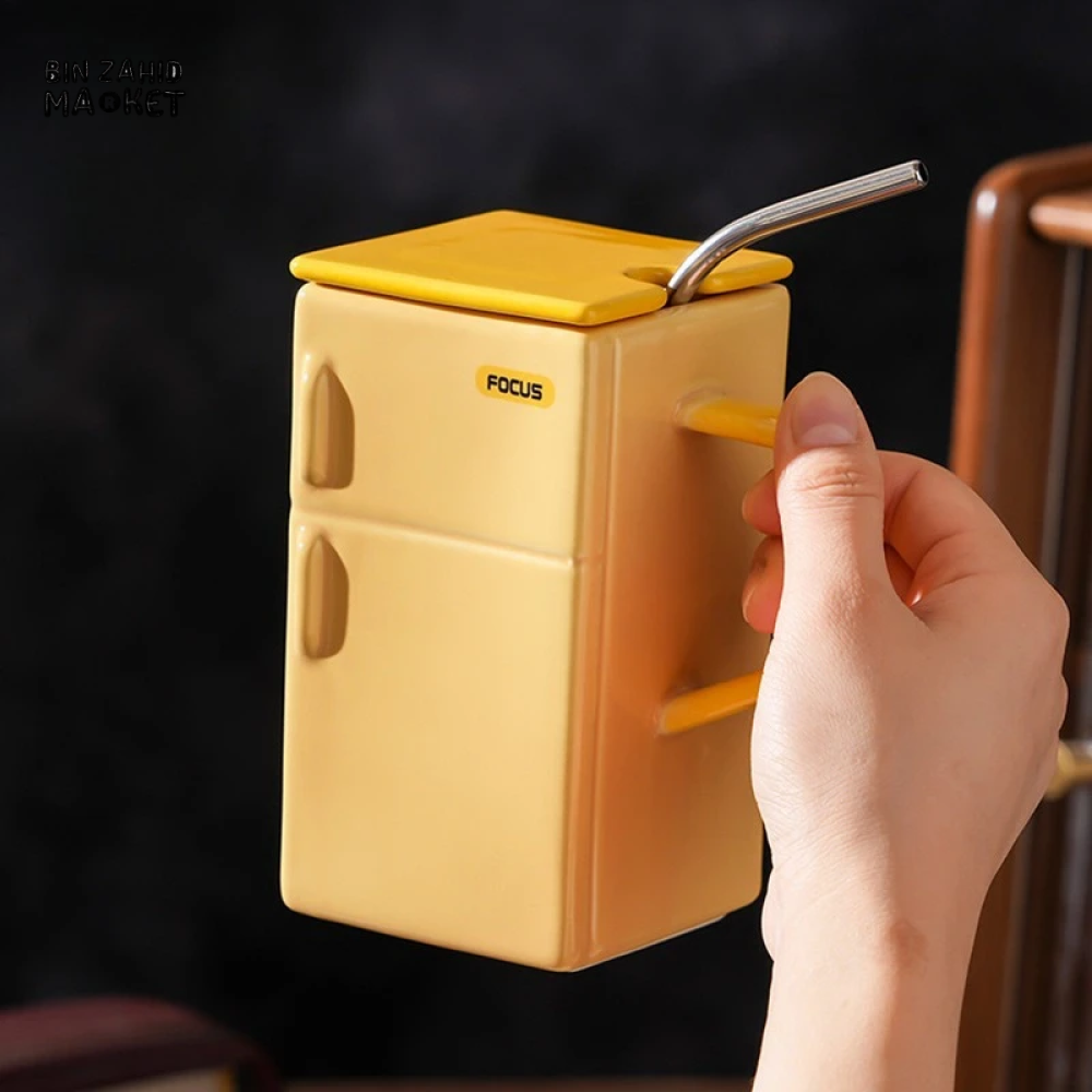 BIN ZAHID HOME RETRO REFRIGERATOR CERAMIC MUG WITH LID & STRAW 550ML - GREEN