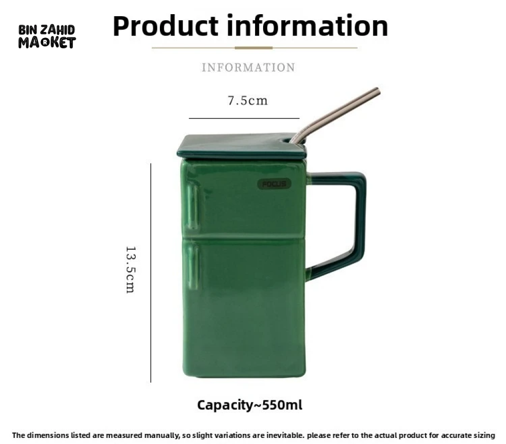 BIN ZAHID HOME RETRO REFRIGERATOR CERAMIC MUG WITH LID & STRAW 550ML - GREEN