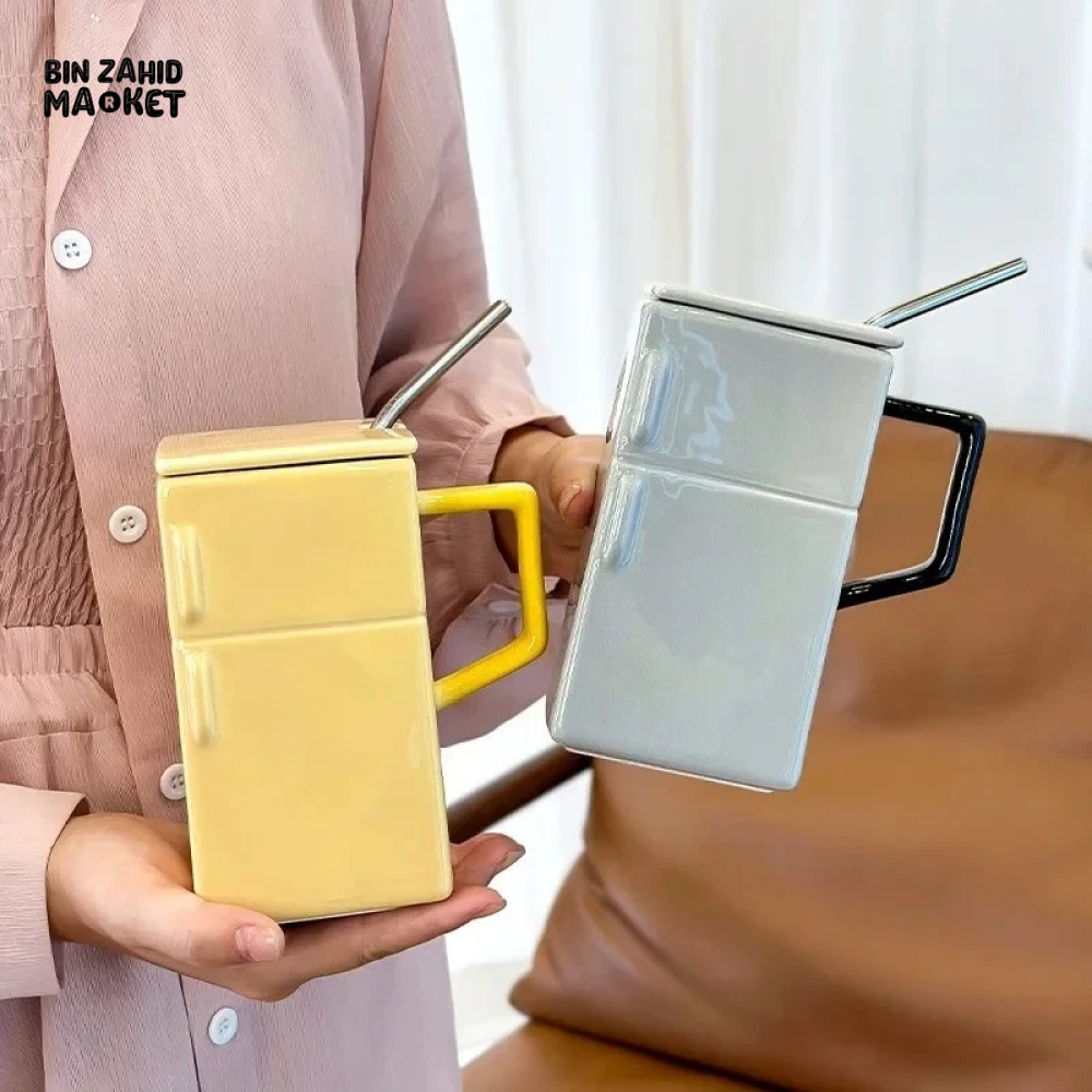 BIN ZAHID HOME RETRO REFRIGERATOR CERAMIC MUG WITH LID & STRAW 550ML - GREEN