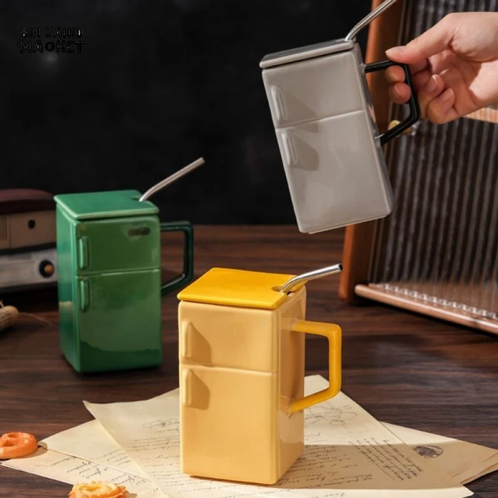BIN ZAHID HOME RETRO REFRIGERATOR CERAMIC MUG WITH LID & STRAW 550ML - GREY