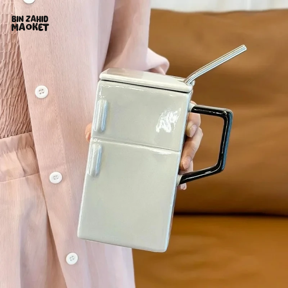 BIN ZAHID HOME RETRO REFRIGERATOR CERAMIC MUG WITH LID & STRAW 550ML - GREY