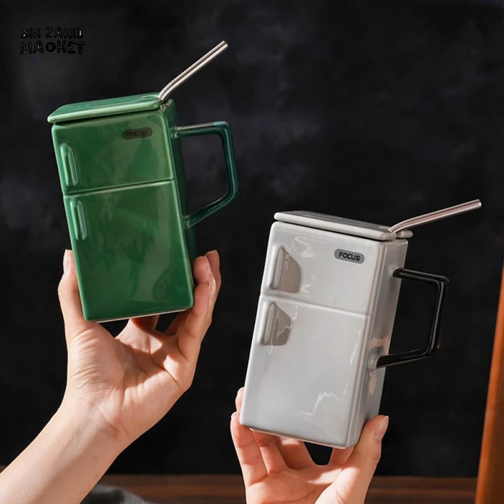 BIN ZAHID HOME RETRO REFRIGERATOR CERAMIC MUG WITH LID & STRAW 550ML - GREY