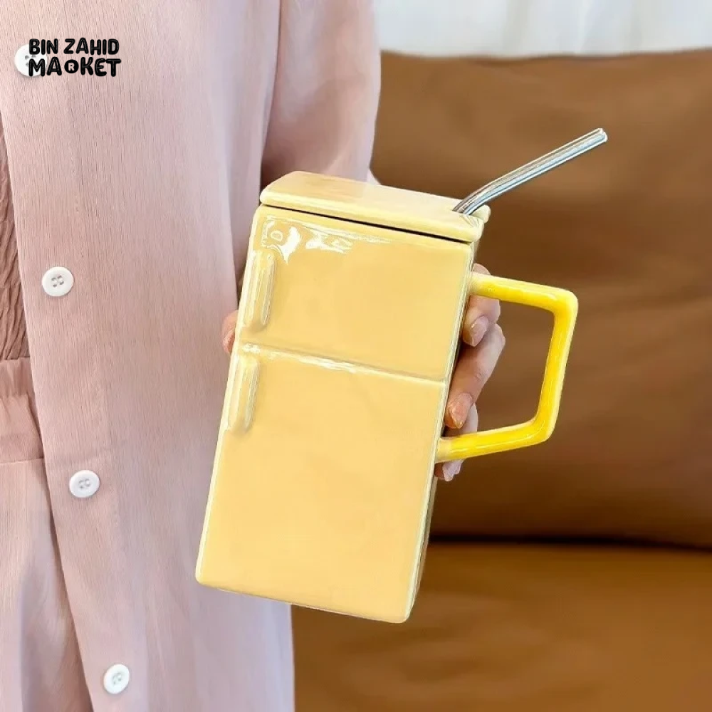 BIN ZAHID HOME RETRO REFRIGERATOR CERAMIC MUG WITH LID & STRAW 550ML - YELLOW