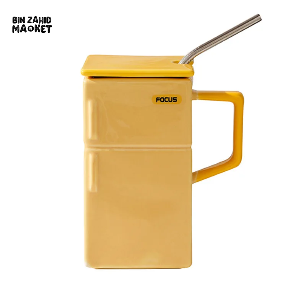 BIN ZAHID HOME RETRO REFRIGERATOR CERAMIC MUG WITH LID & STRAW 550ML - YELLOW