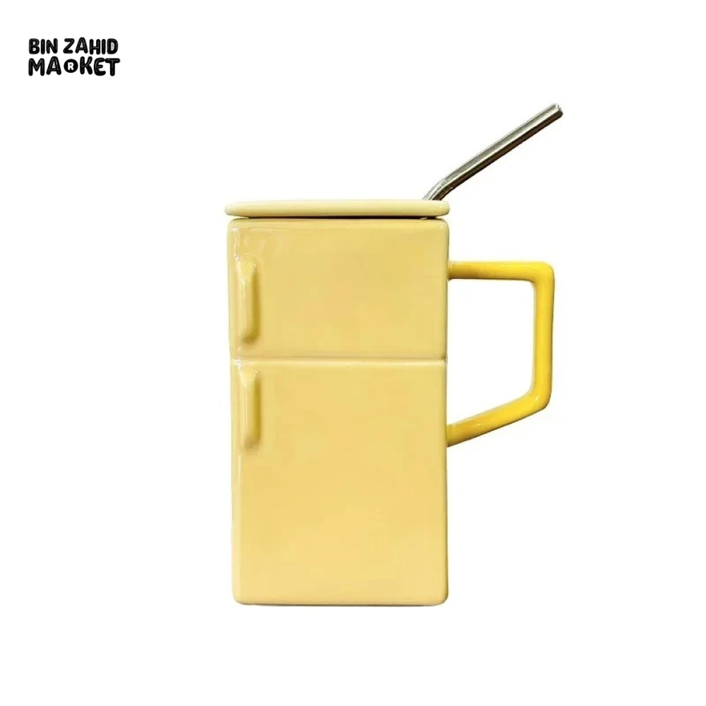 BIN ZAHID HOME RETRO REFRIGERATOR CERAMIC MUG WITH LID & STRAW 550ML - YELLOW