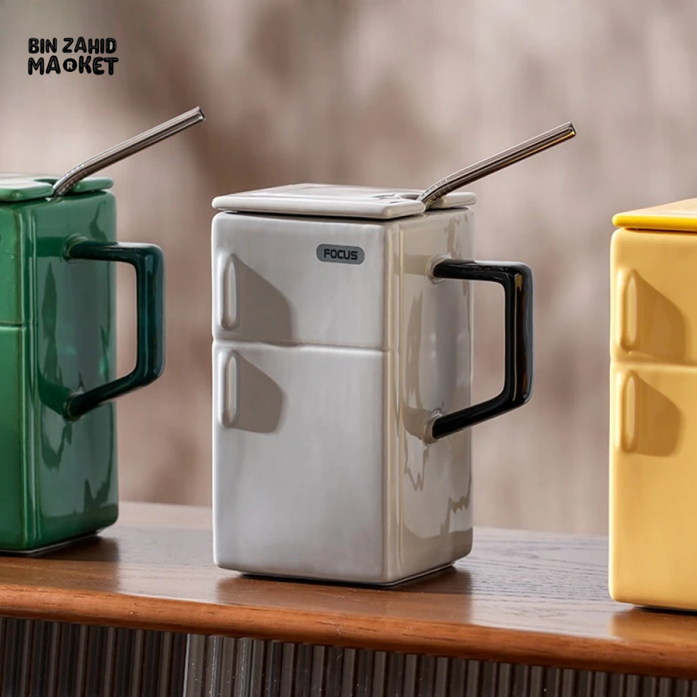 BIN ZAHID HOME RETRO REFRIGERATOR CERAMIC MUG WITH LID & STRAW 550ML - YELLOW