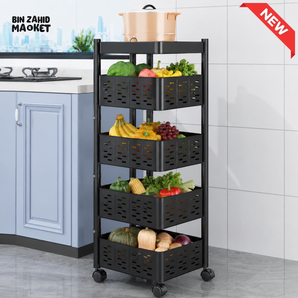 BLACK 4-LAYER METAL KITCHEN STORAGE TROLLEY
