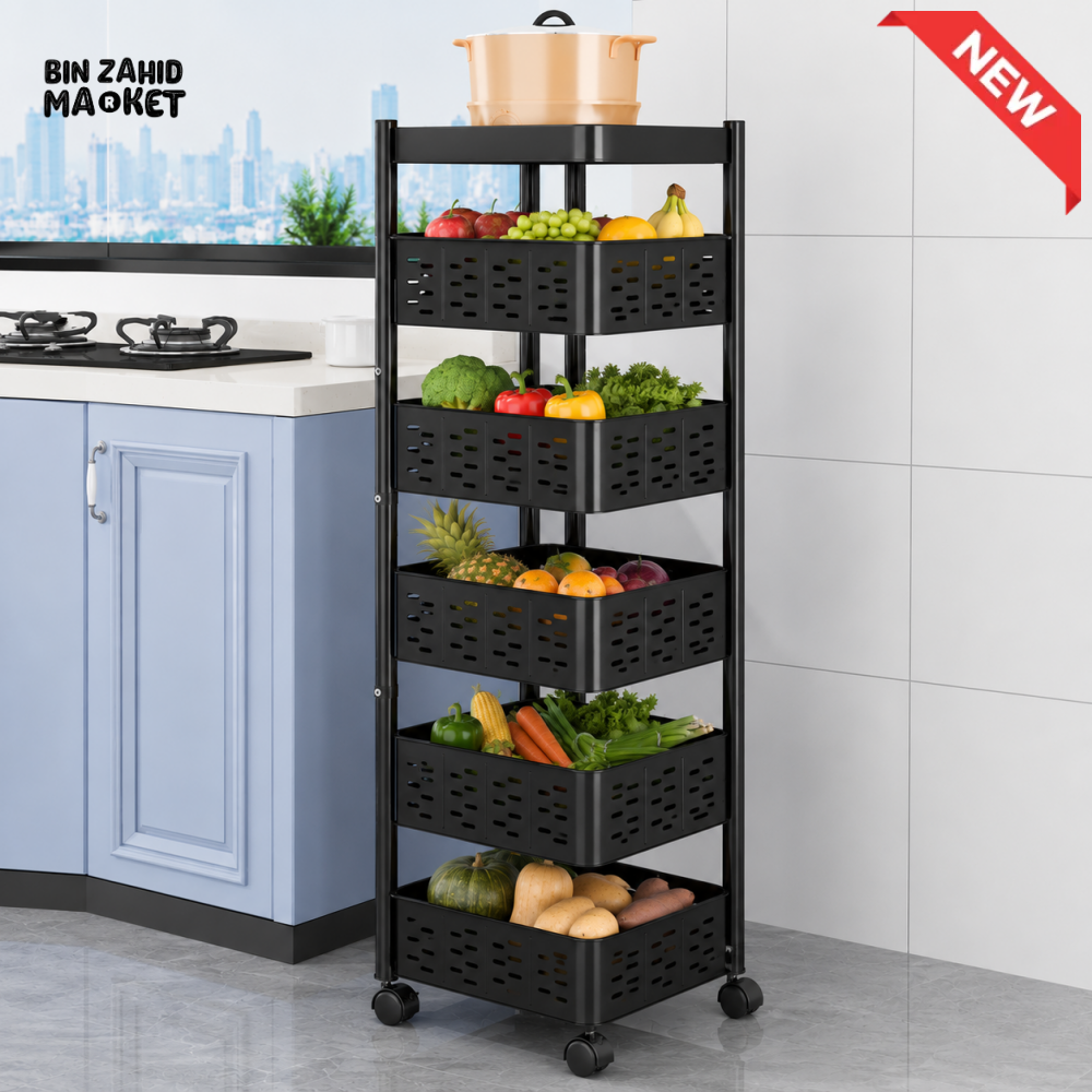 BLACK 5-LAYER METAL KITCHEN STORAGE TROLLEY