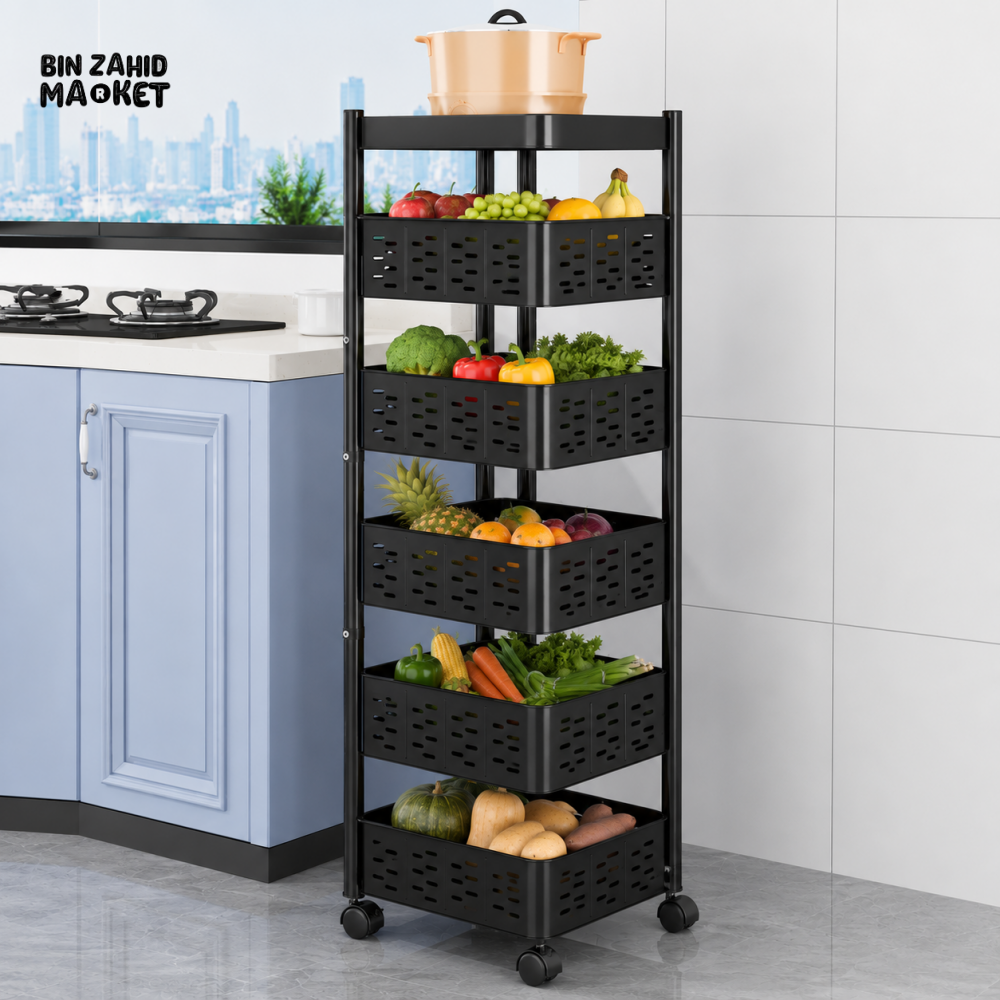 BLACK 5-LAYER METAL KITCHEN STORAGE TROLLEY