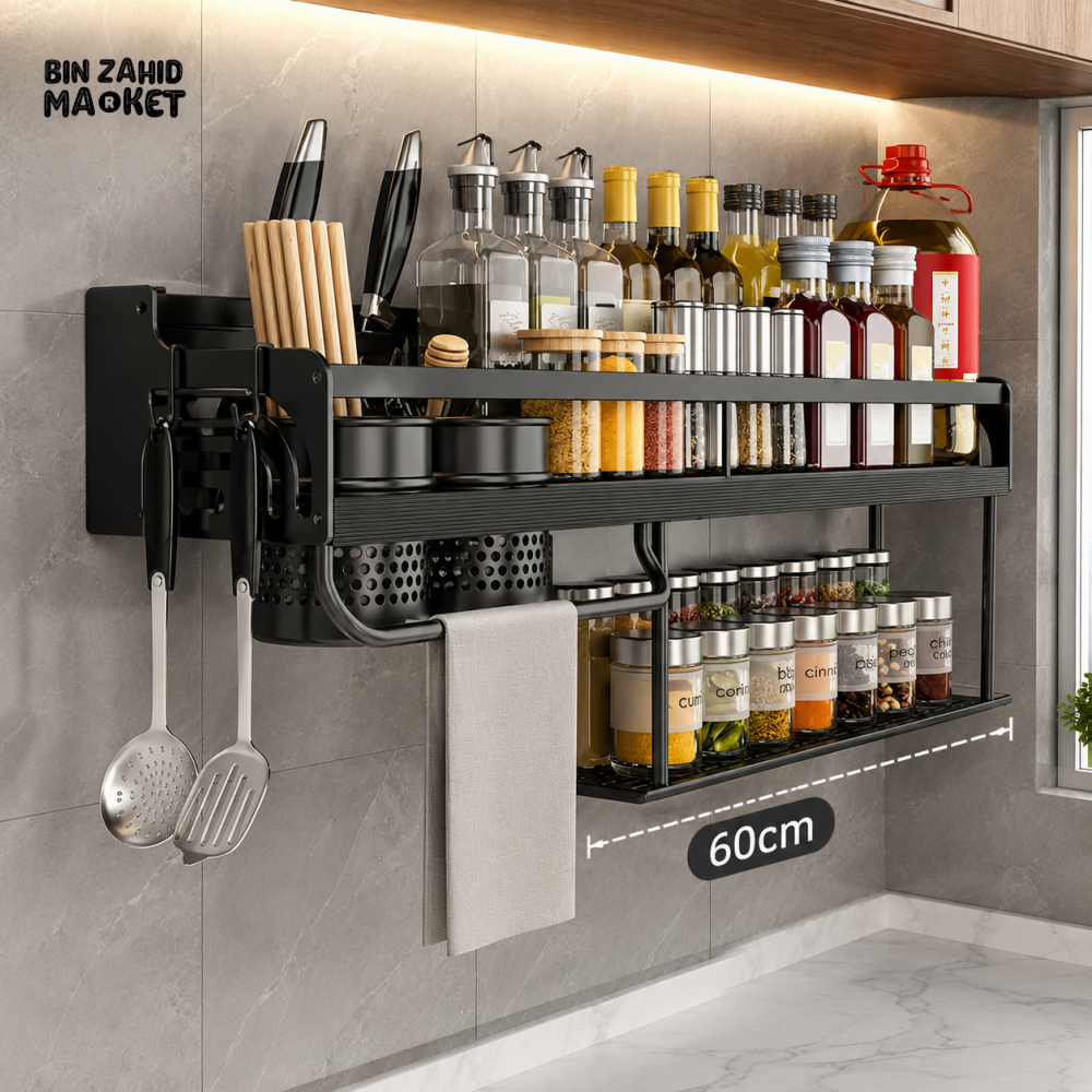 BLACK 60CM DOUBLE LAYER WALL MOUNTED KITCHEN SPICE RACK