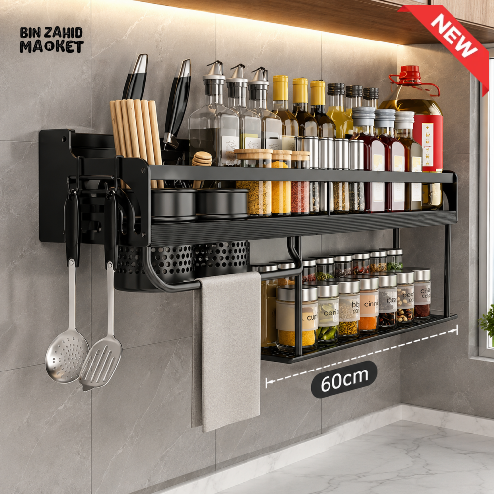 BLACK 60CM DOUBLE LAYER WALL MOUNTED KITCHEN SPICE RACK