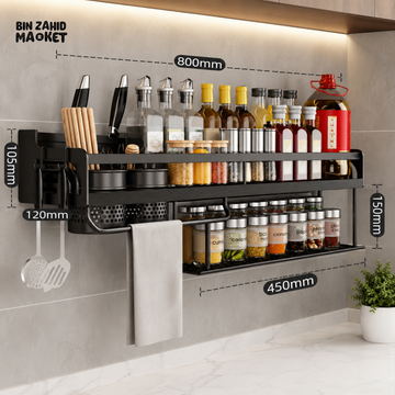 BLACK 80CM DOUBLE LAYER WALL MOUNTED KITCHEN SPICE RACK