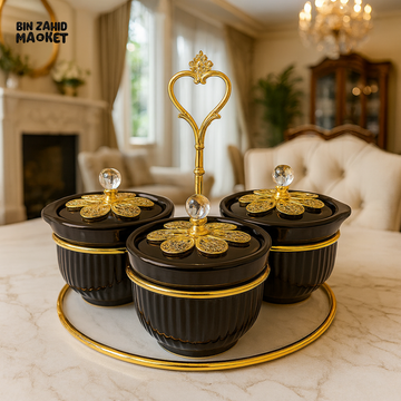 BLACK AND GOLD 3 PIECE CONDIMENT JAR SET WITH TRAY AND CRYSTAL KNOB LIDS - ZQ-115-3