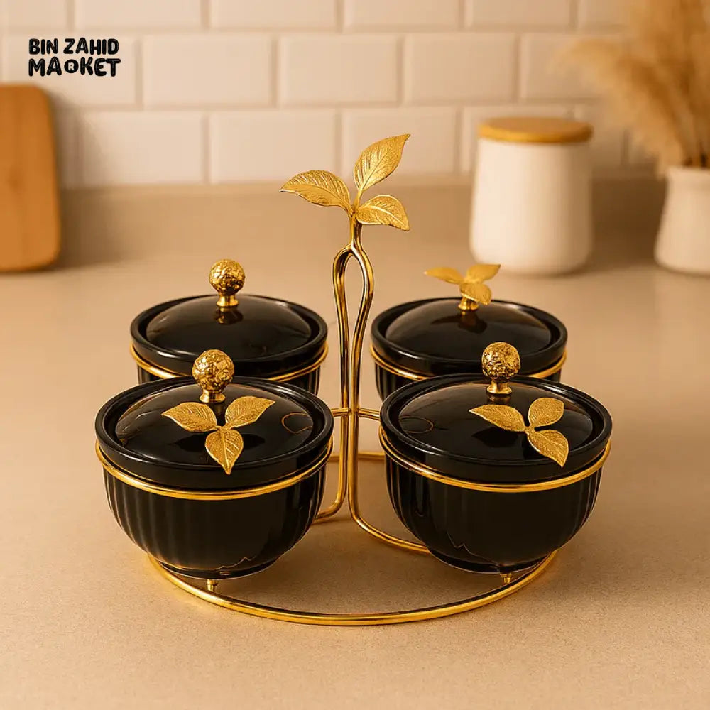 BLACK AND GOLD 4 PIECE CONDIMENT JAR SET WITH TRAY AND CRYSTAL KNOB LIDS - ZQ-110-4