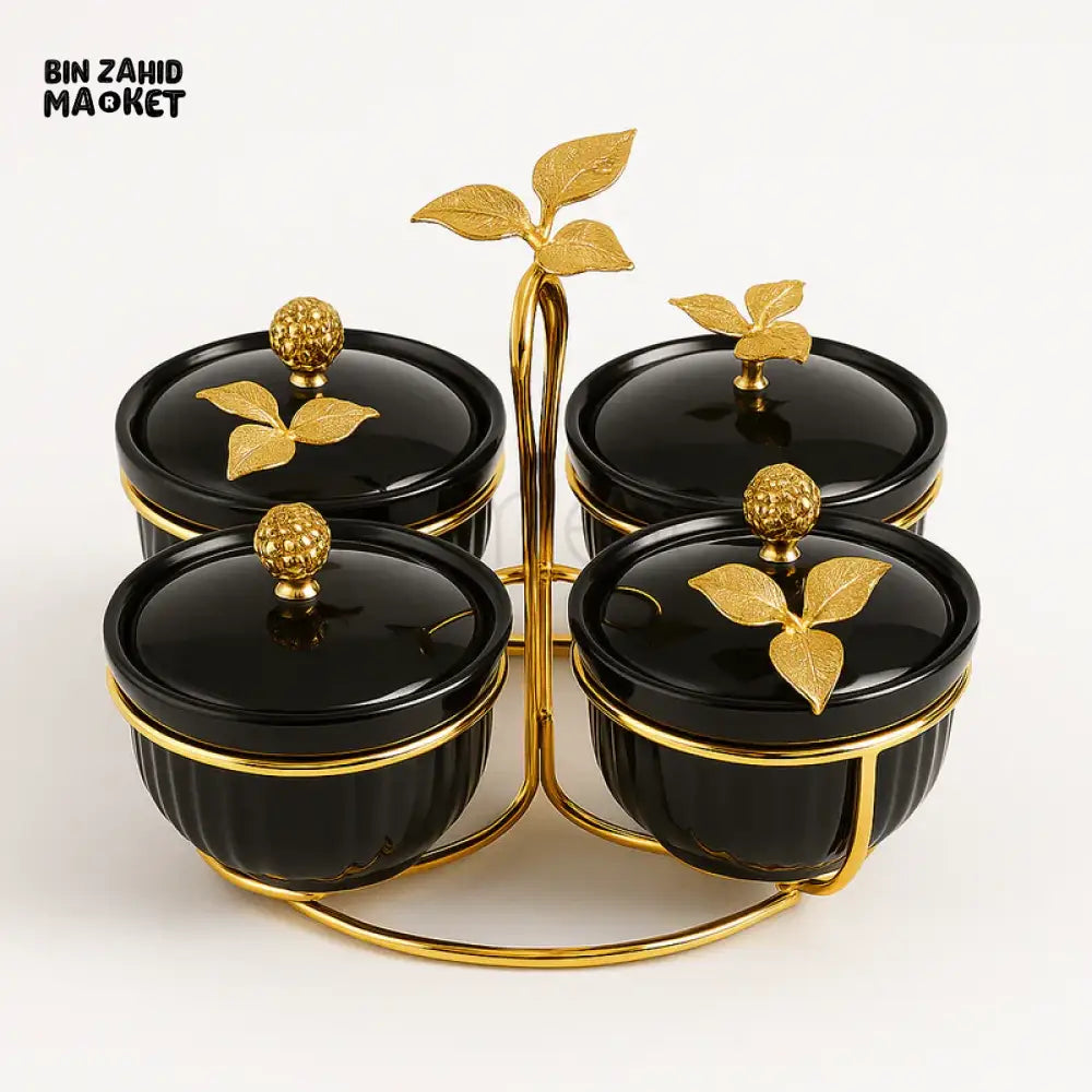BLACK AND GOLD 4 PIECE CONDIMENT JAR SET WITH TRAY AND CRYSTAL KNOB LIDS - ZQ-110-4