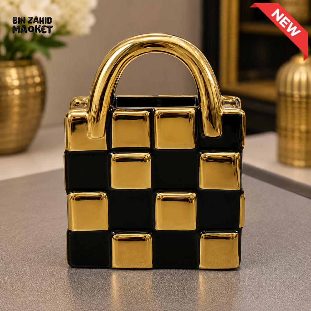 BLACK AND GOLD HANDBAG SHAPED DECORATIVE SHOWPIECE