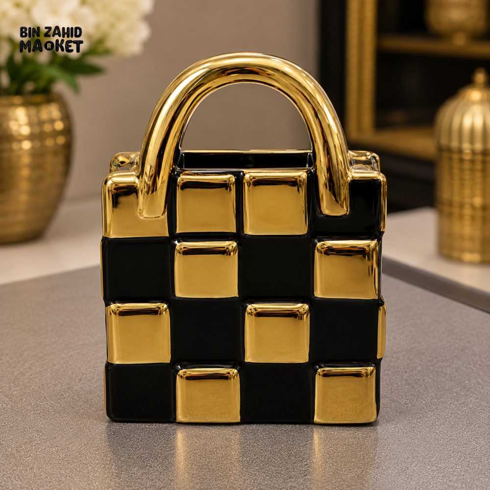 BLACK AND GOLD HANDBAG SHAPED DECORATIVE SHOWPIECE