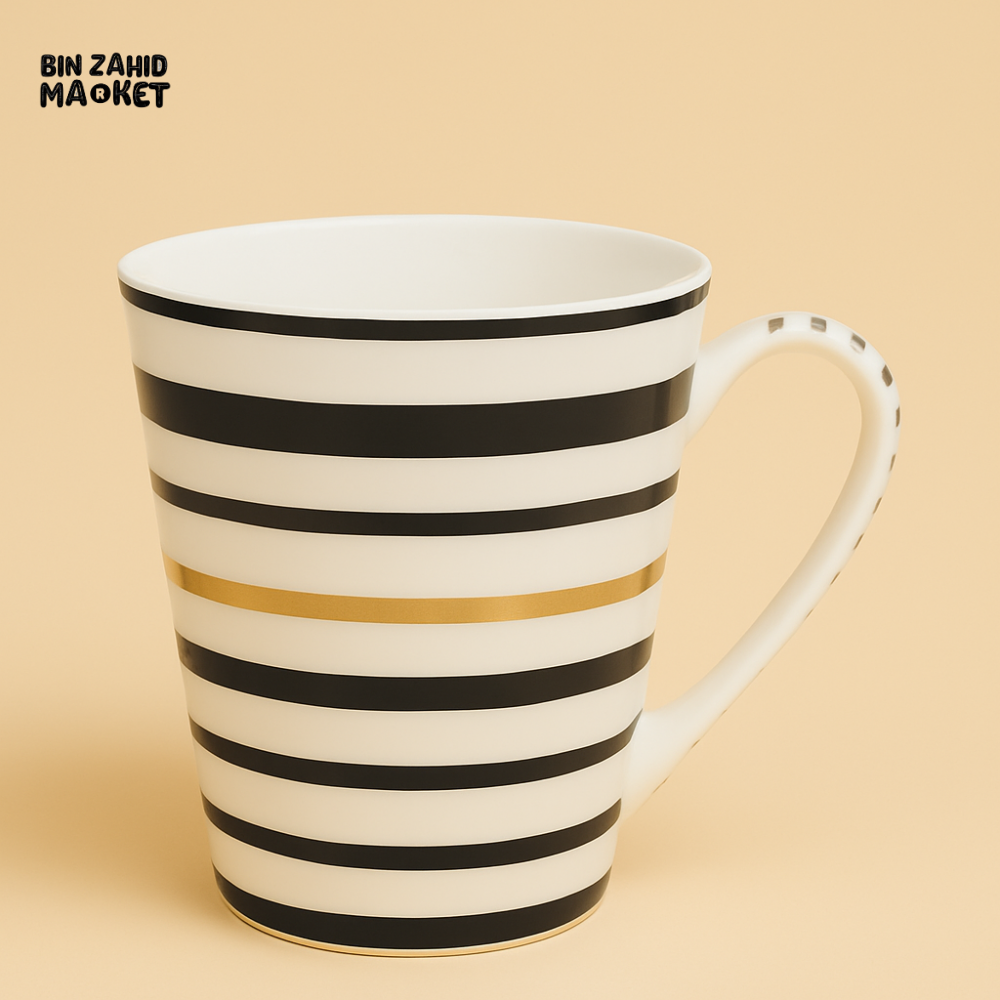 BLACK AND GOLD STRIPED CERAMIC MUG – LUXURY COFFEE & TEA CUP