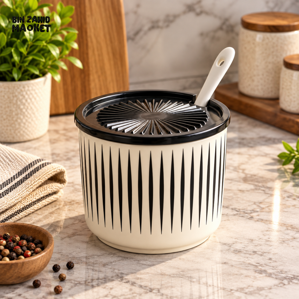 BLACK AND WHITE STRIPED KITCHEN STORAGE CONTAINER WITH SPOON AND STRAINER LID