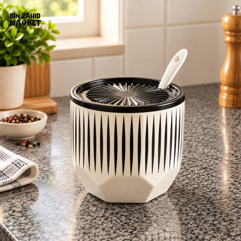 BLACK AND WHITE STRIPED KITCHEN STORAGE CONTAINER WITH SPOON AND STRAINER LID