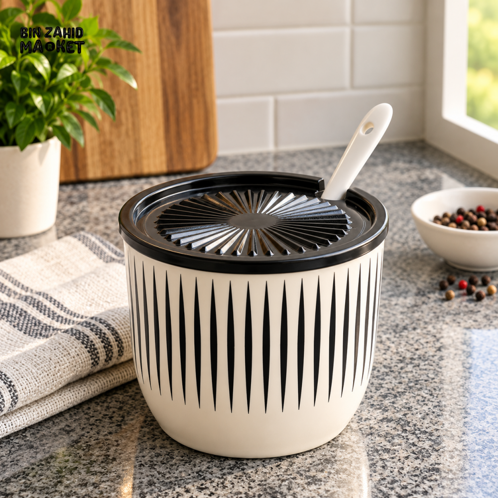 BLACK AND WHITE STRIPED KITCHEN STORAGE CONTAINER WITH SPOON AND STRAINER LID