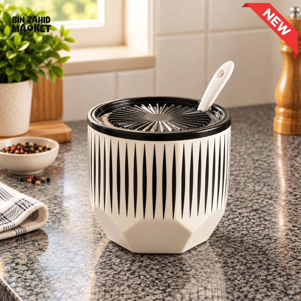 BLACK AND WHITE STRIPED KITCHEN STORAGE CONTAINER WITH SPOON AND STRAINER LID