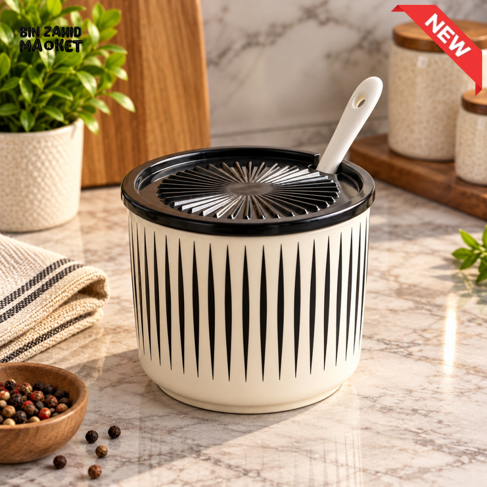BLACK AND WHITE STRIPED KITCHEN STORAGE CONTAINER WITH SPOON AND STRAINER LID