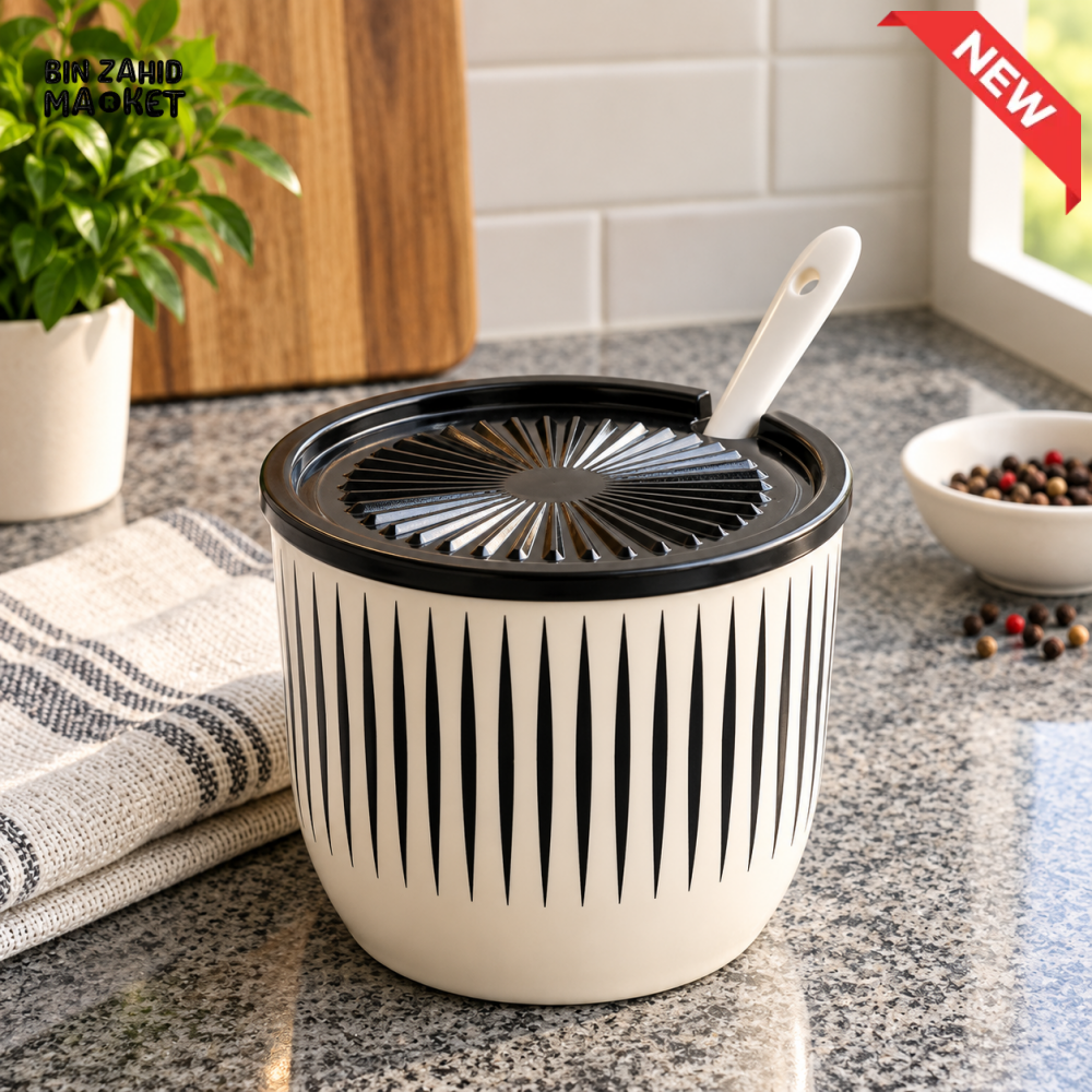 BLACK AND WHITE STRIPED KITCHEN STORAGE CONTAINER WITH SPOON AND STRAINER LID