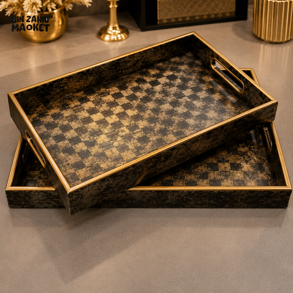 BLACK & ANTIQUE GOLD CHECKERED SERVING TRAY SET