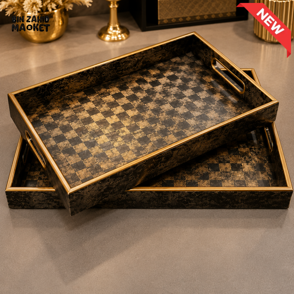 BLACK & ANTIQUE GOLD CHECKERED SERVING TRAY SET