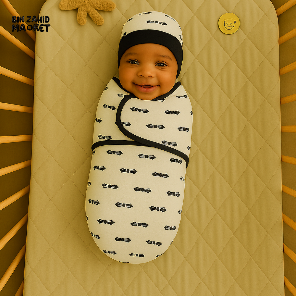 BLACK BOW PRINT NEWBORN SWADDLE SET WITH CAP & MITTENS – COTTON BABY WRAP FOR BOYS