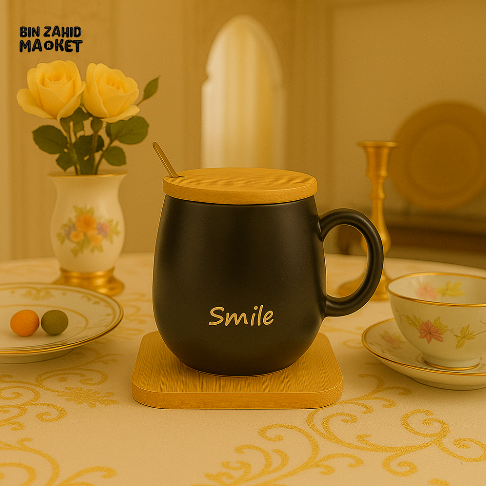 BLACK CERAMIC SMILE MUG WITH BAMBOO LID & GOLDEN SPOON – PREMIUM COFFEE/TEA CUP FOR LUXURY DINING & GIFTING