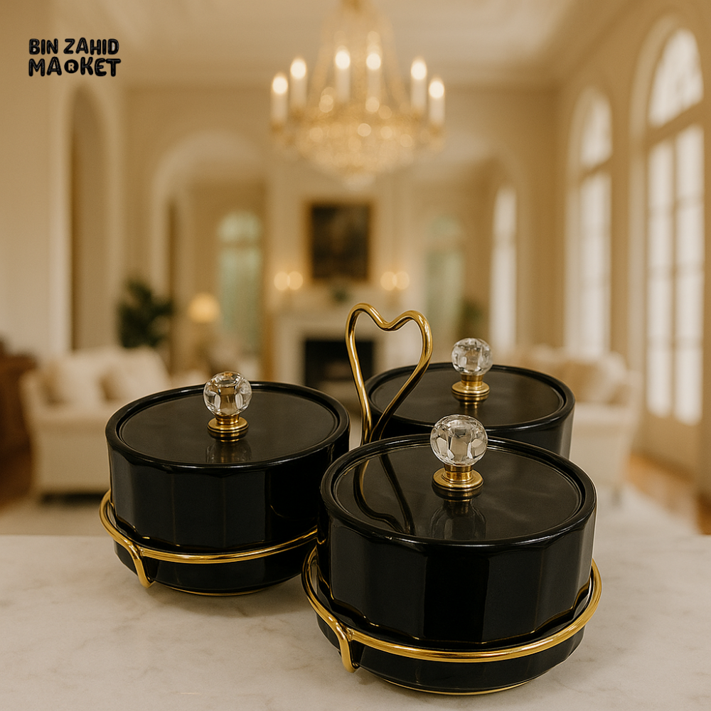 BLACK CONDIMENT JAR SET WITH GOLD STAND – LUXURY SPICE CONTAINER FOR VILLA KITCHEN & DINING - 3PIECE