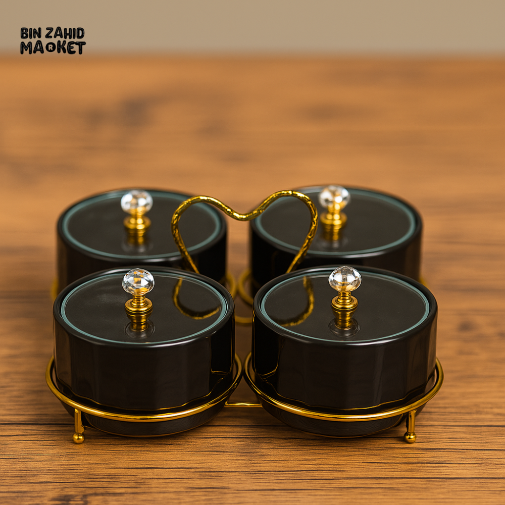 BLACK CONDIMENT JAR SET WITH GOLD STAND – LUXURY SPICE CONTAINER FOR VILLA KITCHEN & DINING - 4PIECE