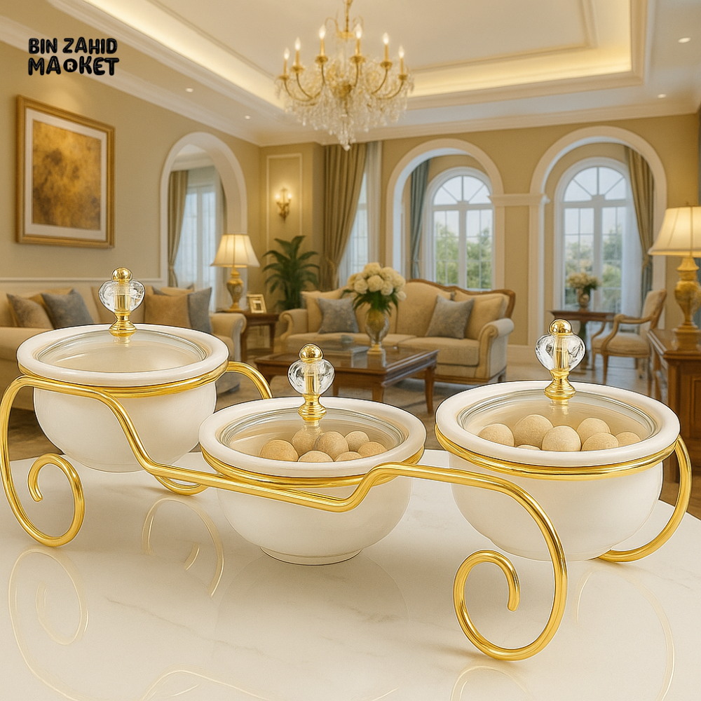 BLACK GLASS BOWL SET WITH GOLD STAND – LUXURY SERVING DISHES FOR VILLA DECOR WHITE ZQ 021W