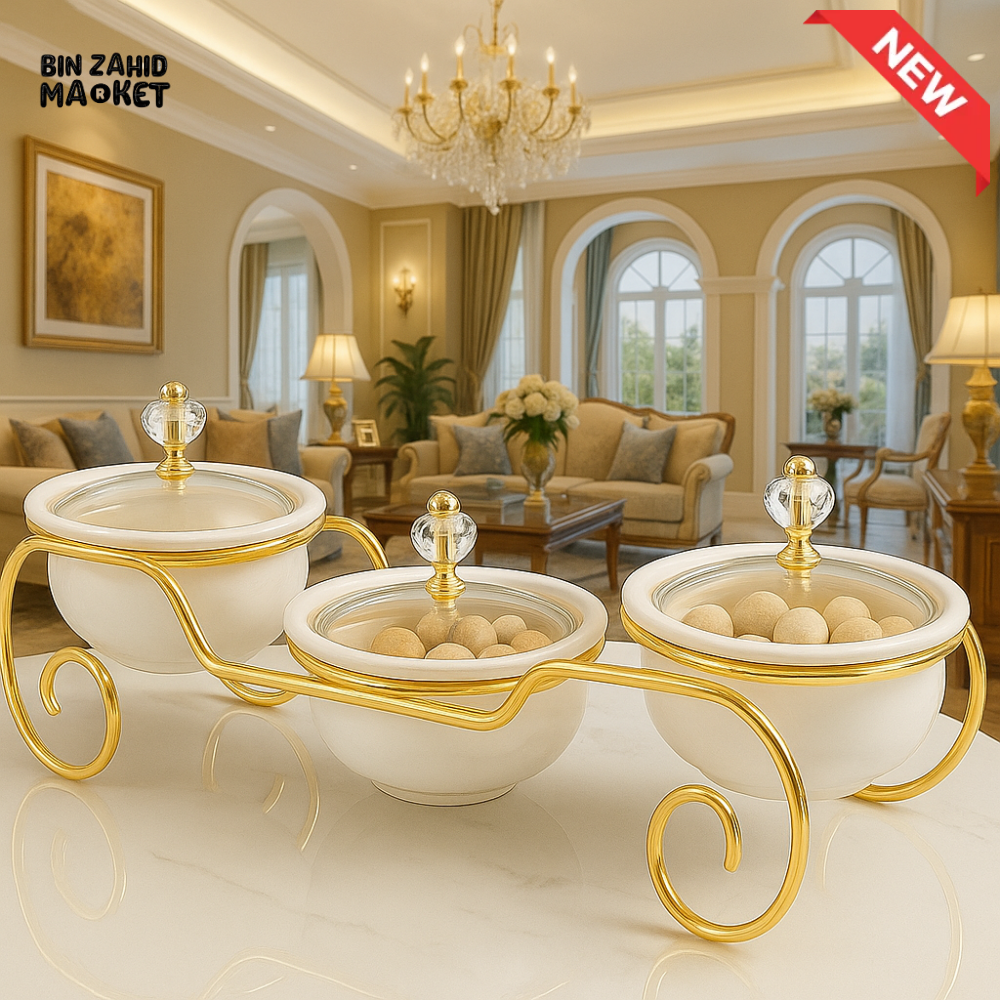 BLACK GLASS BOWL SET WITH GOLD STAND – LUXURY SERVING DISHES FOR VILLA DECOR WHITE ZQ 021W