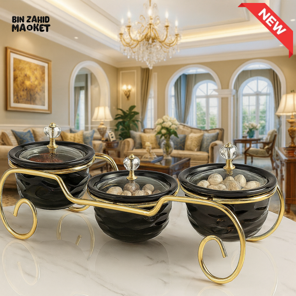 BLACK GLASS BOWL SET WITH GOLD STAND – LUXURY SERVING DISHES FOR VILLA DECOR BLACK ZQ 021B