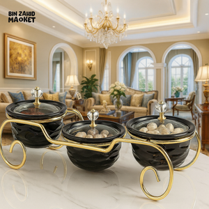 BLACK GLASS BOWL SET WITH GOLD STAND – LUXURY SERVING DISHES FOR VILLA DECOR BLACK ZQ 021B