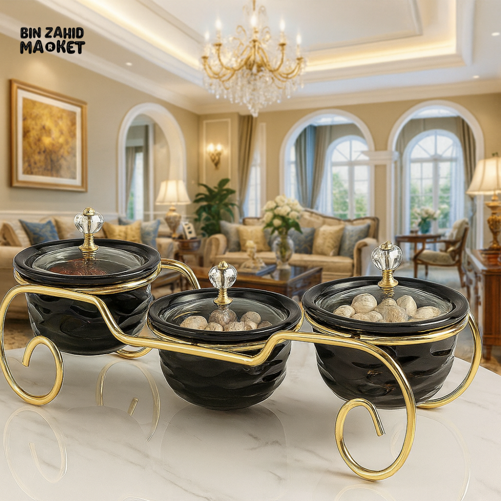 BLACK GLASS BOWL SET WITH GOLD STAND – LUXURY SERVING DISHES FOR VILLA DECOR BLACK ZQ 021B
