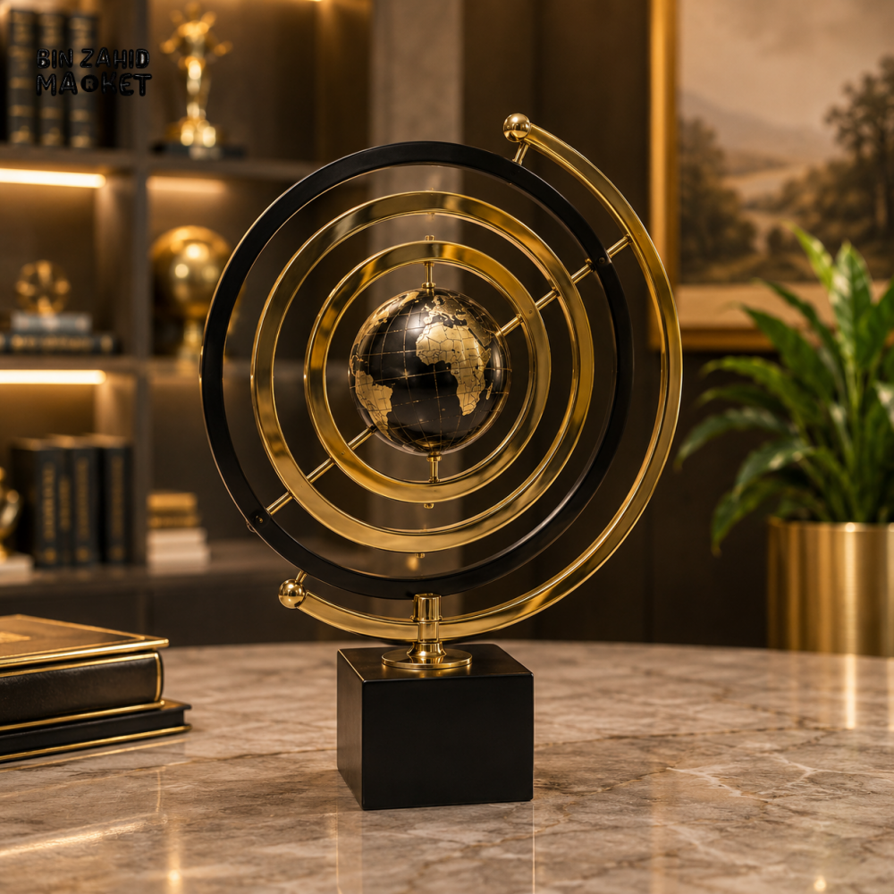 BLACK & GOLD ARMILLARY WORLD GLOBE DECORATIVE ORNAMENT