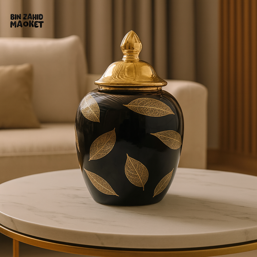 BLACK & GOLD CERAMIC JAR WITH LID – ELEGANT DECORATIVE STORAGE VASE - YC-006