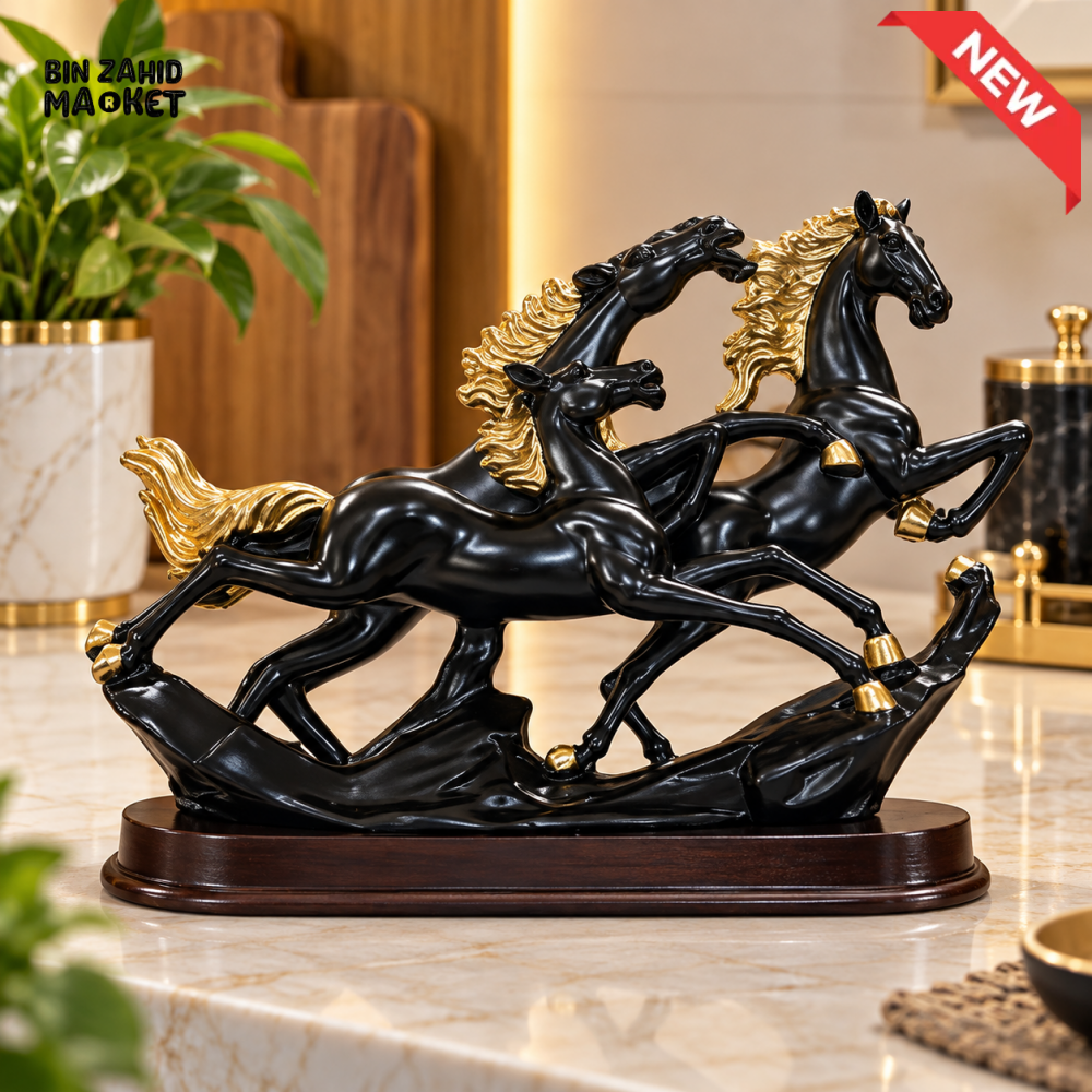 BLACK & GOLD GALLOPING HORSES DECORATIVE SHOWPIECE