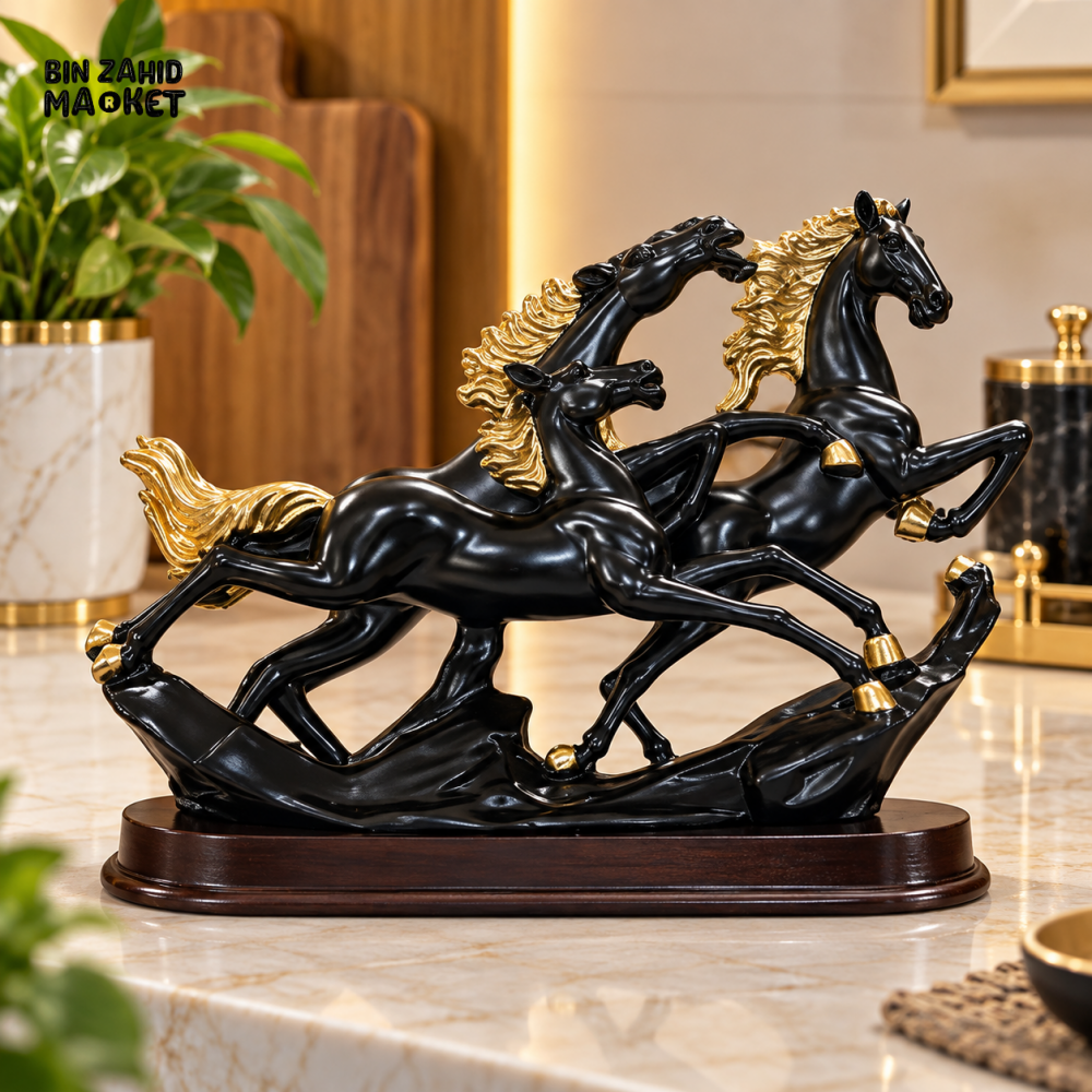 BLACK & GOLD GALLOPING HORSES DECORATIVE SHOWPIECE