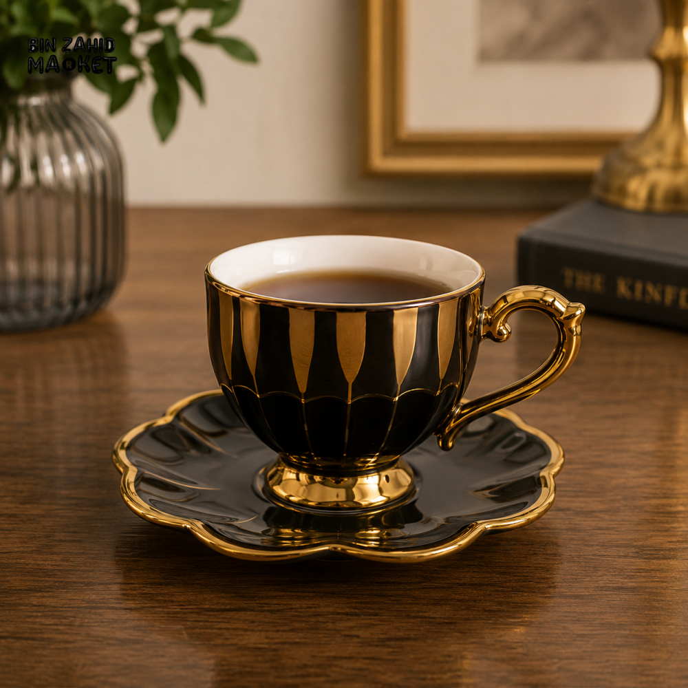 BLACK & GOLD PORCELAIN CUP & SAUCER SET - 6 PIECE - Cups & Saucers