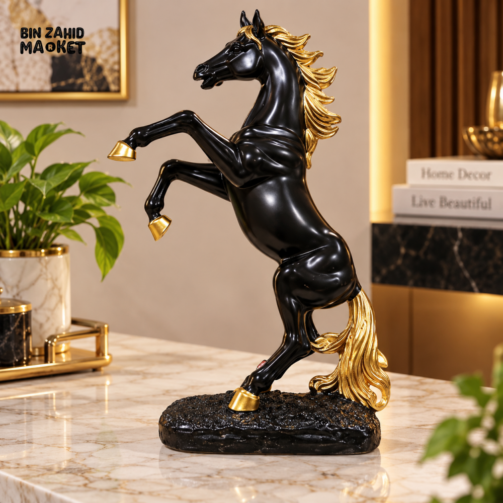 BLACK & GOLD REARING HORSE DECORATIVE SHOWPIECE