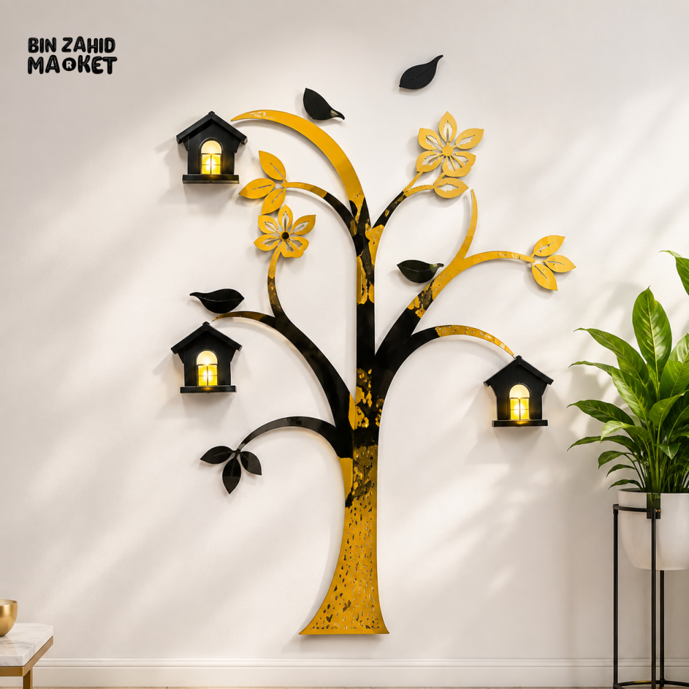 BLACK & GOLD TREE WALL ART WITH LANTERN DECOR