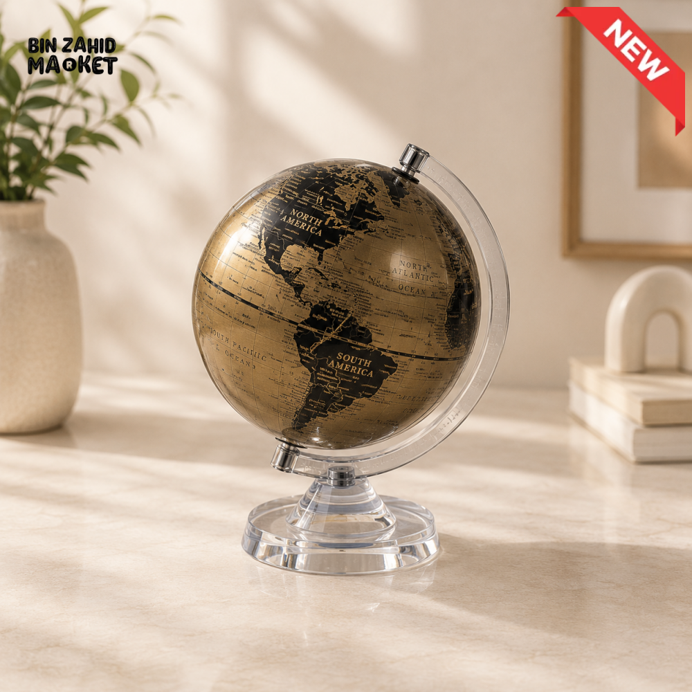 BLACK & GOLD WORLD GLOBE WITH CLEAR DISPLAY STAND