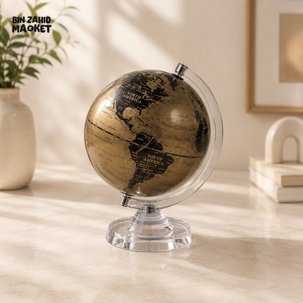 BLACK & GOLD WORLD GLOBE WITH CLEAR DISPLAY STAND