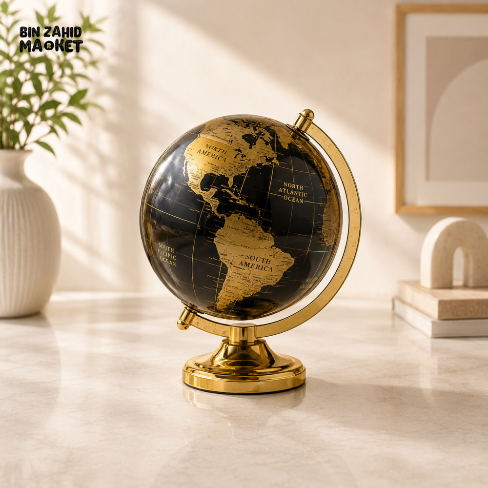 BLACK & GOLD WORLD GLOBE WITH GOLD DISPLAY STAND