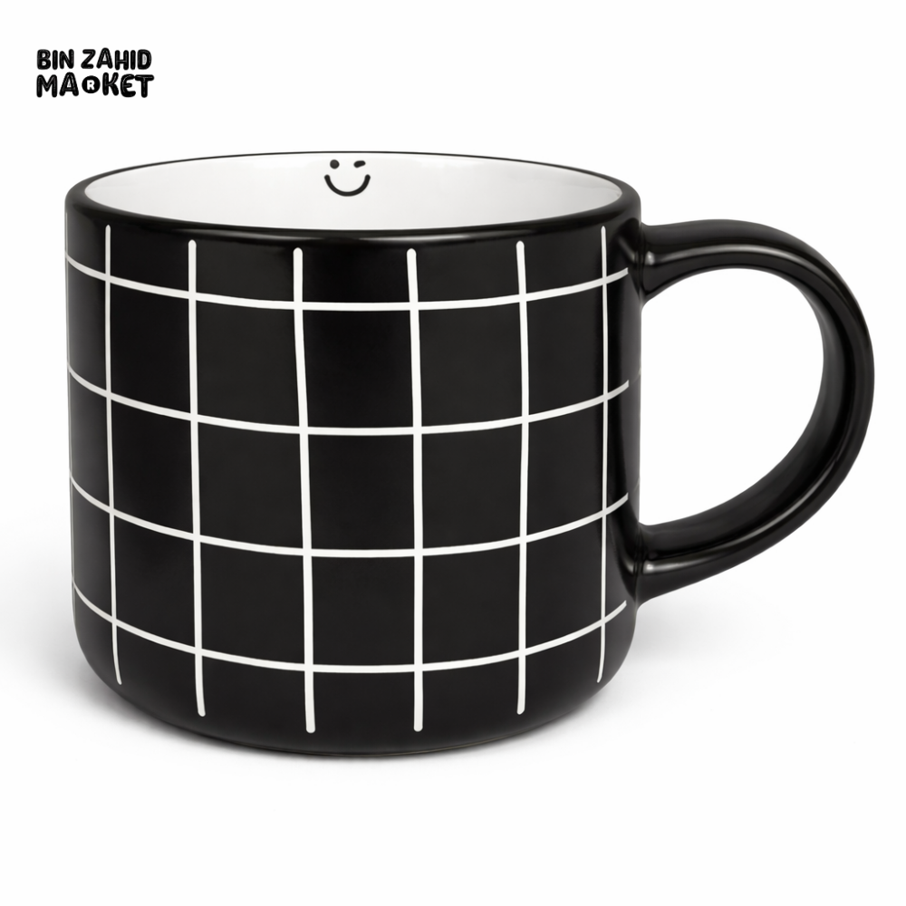 BLACK GRID PRINT CERAMIC MUG – MODERN COFFEE CUP WITH WHITE LINE DESIGN